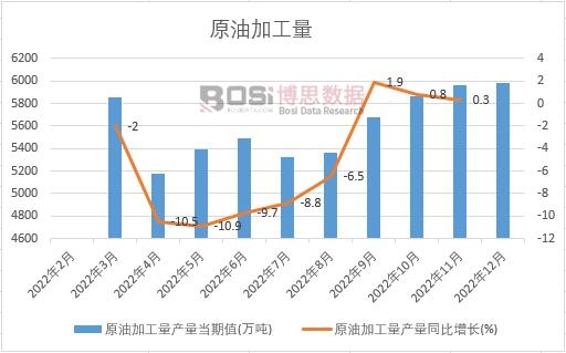 2022年中國原油加工量月度統計